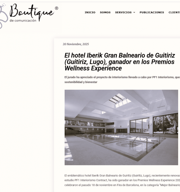 BOUTIQUE DE COMUNICACION | El hotel Iberik Gran Balneario de Guitiriz (Guitiriz, Lugo), ganador en los Premios Wellness Experience